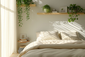 Light modern minimalist bedroom interrior with nature.Green power concept.