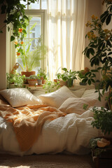 Wall Mural - Light modern minimalist bedroom interrior with nature.Green power concept.