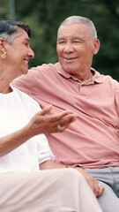 Poster - Smile, laughing and senior couple at park, conversation and bonding together on valentines day. Elderly man, woman and talking at garden outdoor, funny and happy on romantic date for relationship