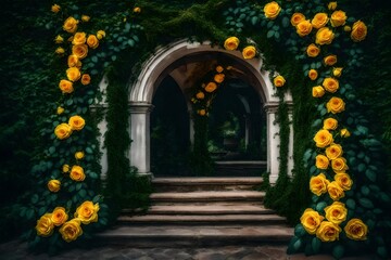  arch with yellow roses and green leaves