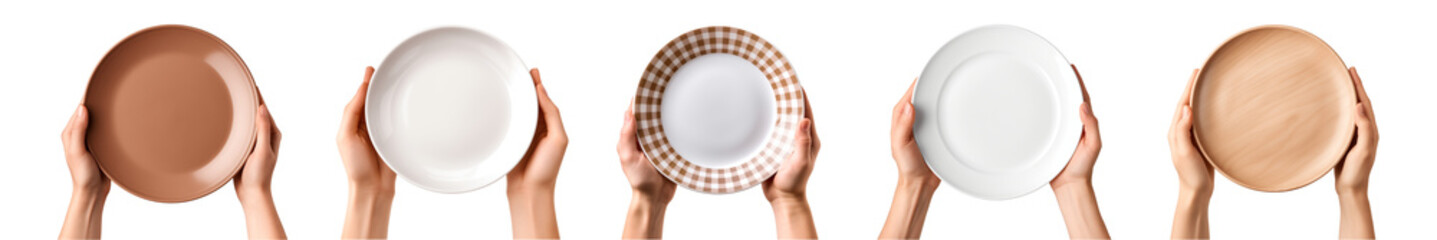 Collection of hand holds empty plate on transparent background, top view