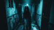 Creepy figure standing in a dark hallway.