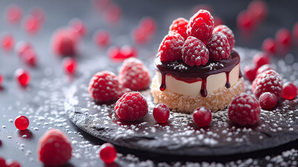 Individual serving cheese cake topped with raspberries and sugar dust.