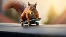 A Fearless Squirrel Skateboarding Down A Steep Ramp