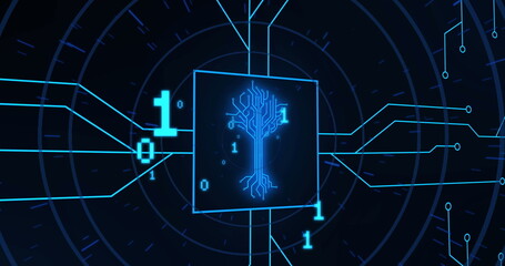 Image of binary code and integrated circuit in black digital space