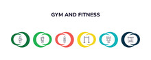 Outline Icons Collection With Infographic Template. Linear Icons From Gym And Fitness Concept. Editable Vector Included Pulsometer, Protein Shake, Fitness Bracelet, Horizontal Bar, Stick Man Hoop,