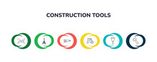 Outline Icons Collection With Infographic Template. Linear Icons From Construction Tools Concept. Editable Vector Included Wallpaper, Gardening Rake, Carpenter Saw, Road Roller, Scratcher Tool,