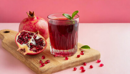 Wall Mural - Board with glass of fresh pomegranate juice on pink background