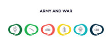 Outline Icons Collection With Infographic Template. Linear Icons From Army And War Concept. Editable Vector Included Skull Army, Bayonet On Rifle, Binoculars, Shoulder Strap, Parachute, Assault