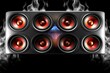 a large speaker above which colors of different colors hover abstractly in the air on a dark background