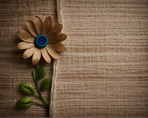 Flowers embroidered on burlap. Vintage, rustic style. Holiday, wedding, engagement concept. Background for design, print, postcard, banner, textile, advertising, with copy space for text