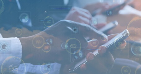 Poster - Image of 6g text, scopes scanning and business people using electronic devices