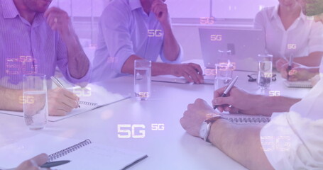 Wall Mural - Image of 5g text, scopes scanning and data processing over businessmen in meeting