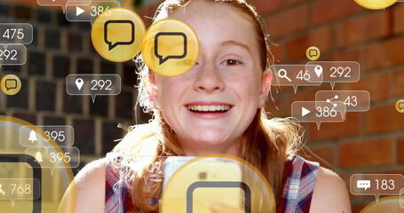 Poster - Image of digital icons over woman using smartphone