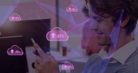 Poster - Plexus networks and cloud uploading icons against caucasian man using smartphone at office