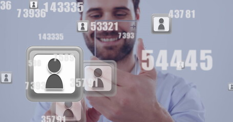 Poster - Multiple profile icons and changing numbers against caucasian man using smartphone