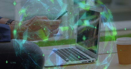 Poster - Globe of plexus network spinning against against mid section of man with laptop using smartphone