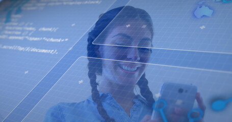 Poster - Digital interface with data processing against caucasian woman using smartphone