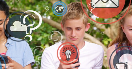 Poster - Question mark and digital icons against group of diverse students using smartphone