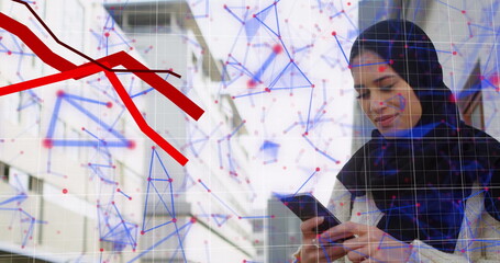 Poster - Red graphs moving and network of connections against woman in hijab using smartphone