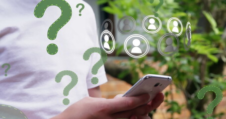 Poster - Question mark and profile icons floating against caucasian boy using smartphone in the garden