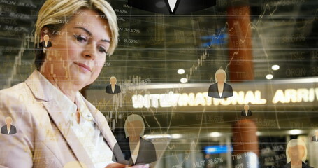 Poster - Financial data processing against caucasian senior businesswoman using smartphone at airport