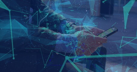 Poster - Network of connections floating against mid section of businessman using smartphone at office