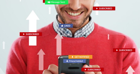Poster - Social media icons and and arrows moving upwards against mid section of man using smartphone