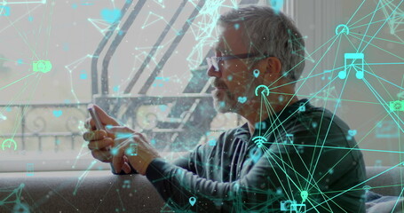Poster - Image of network of digital icons over man using smartphone