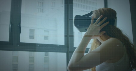 Poster - Image of scope scanning and data processing over woman wearing vr headset