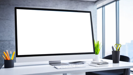 Poster - Workspace with mockup Blank white Computer Screen. Workspace with computer empty screen and office supply. Blank screen desktop computer in minimal office room with window