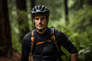 Wall Mural - Cyclist standing in the forest looking at the camera with a serious expression