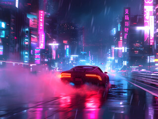 Wall Mural - A car with red lights is driving through a city at night.  The cityscape is full of tall buildings.