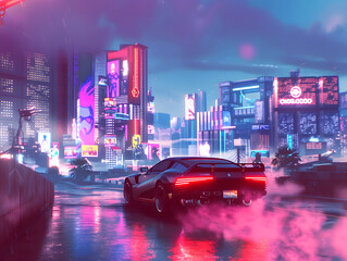 Wall Mural - A car with red lights is driving through a city at night.  The cityscape is full of tall buildings.