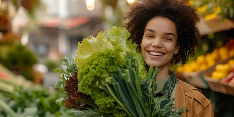 Sticker - Joyful young woman shopping for fresh vegetables at a local farmers market. healthy lifestyle concept with a focus on organic produce. AI