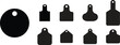 Set of Cow Tags icons. Ear tags signs beefs symbols. Ear tags for cattle. Black Fill identification label for farm animals isolated on transparent background. Earmark mockup for livestock Vectors.