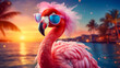 Picture a chic flamingo in a feathered boa, accessorized with oversized sunglasses and a sparkling tiara. Against a backdrop of tropical sunsets, it exudes glamour and flamboyance. Mood: vibrant and e