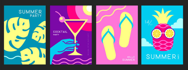 Wall Mural - Set of retro posters with summer attributes. Cocktail cosmopolitan, tropic leaf, flip flops and pineapple with glasses. Vector illustration