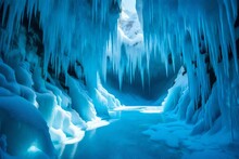 A Surreal Ice Cave Vista, With Translucent Blue Ice Formations, Intricate Patterns Created By Frozen Water, And Ethereal Light Filtering Through Cracks In The Icy Walls.