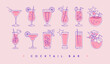 Set of modern line art cocktails in different types of glasses. Cocktail menu design. Vetor illustration