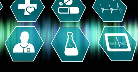 Poster - animation of icons and scientific data processing on dark background