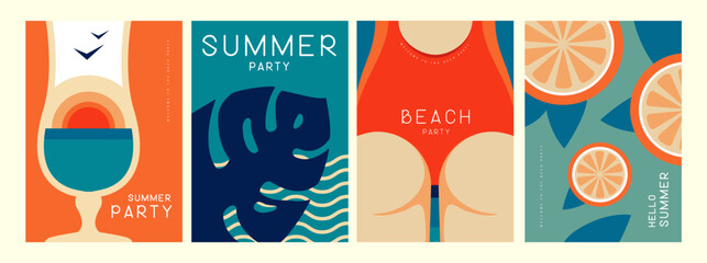 Wall Mural - Set of retro summer posters with summer attributes. Cocktail silhouette, tropic leaf, girl in swimsuit and fruit slices. Vector illustration