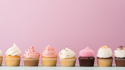 Wall Mural - A close-up of a number of delicious various cupcakes decorated with cream on a colored pink background with a copy space. Confectionery, pastries, desserts concepts.