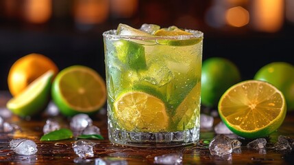 Wall Mural - Lemon Caipirinha on a wooden counter - Dark background 