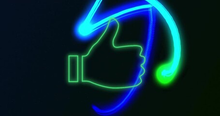 Wall Mural - Animation of social media thumbs up icon over glowing lights over dark background