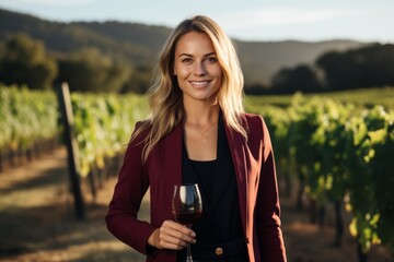 Poster - Portrait of young attractive woman tasting red wine in vineyard.