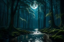 A Mystical Moonlit Forest Vista, With Ancient Trees Casting Elongated Shadows, A River Shimmering Under The Moon's Gentle Glow, And Fireflies Dancing In The Air.