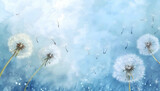 Fototapeta Dmuchawce - Watercolor dandelion flowers with blue sky background with empty space for text. 
