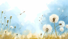 Watercolor Dandelion Flowers With Blue Sky Background With Empty Space For Text. 