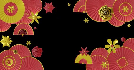 Poster - Animation of chinese red and gold pattern with copy space on black background